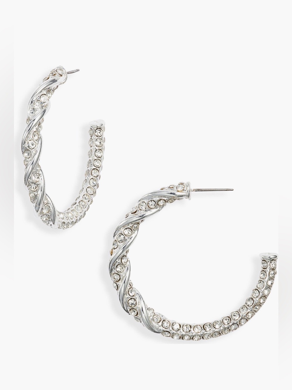 Open Edit Silver Toned Crystal Pave Hoop Earrings